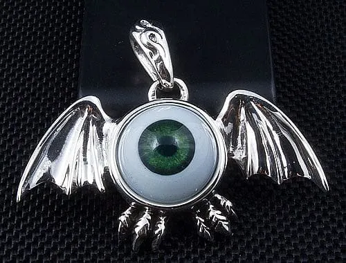 Sterling Silver Green Eyeball Gothic Wings Pendant