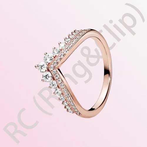 Sterling Silver Princess Tiara Crown Sparkling Love Heart Ring for Women