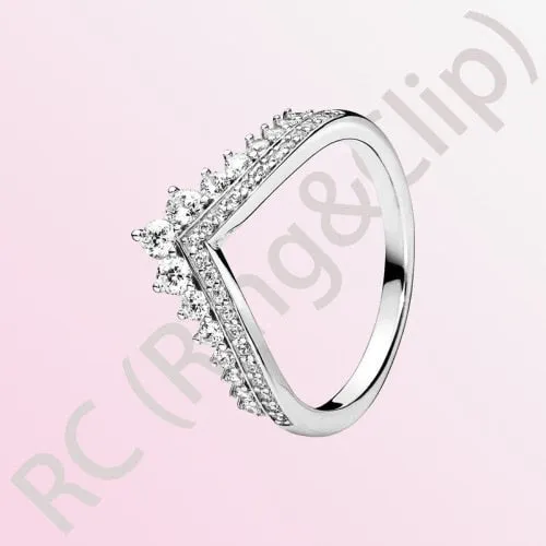 Sterling Silver Princess Tiara Crown Sparkling Love Heart Ring for Women