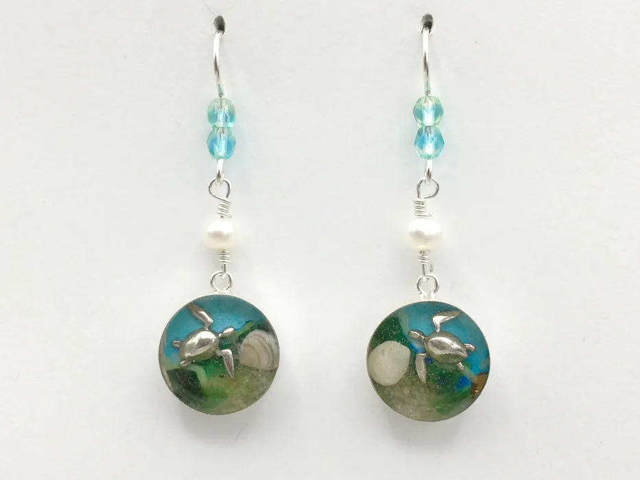 Sterling silver turtle, sand, sea glass  and seashell earrings-ocean- sea shell,beach,shore, beach comber, tidepool,  tide pool, alcohol ink, LBI, New Jersey