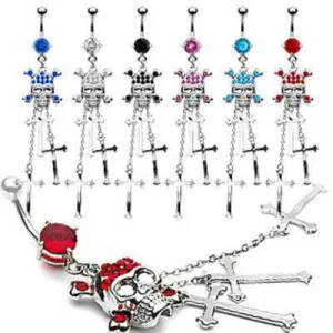 Surgical Steel Gothic Skull and Cross Long CZ Dangle Belly Button Navel Ring