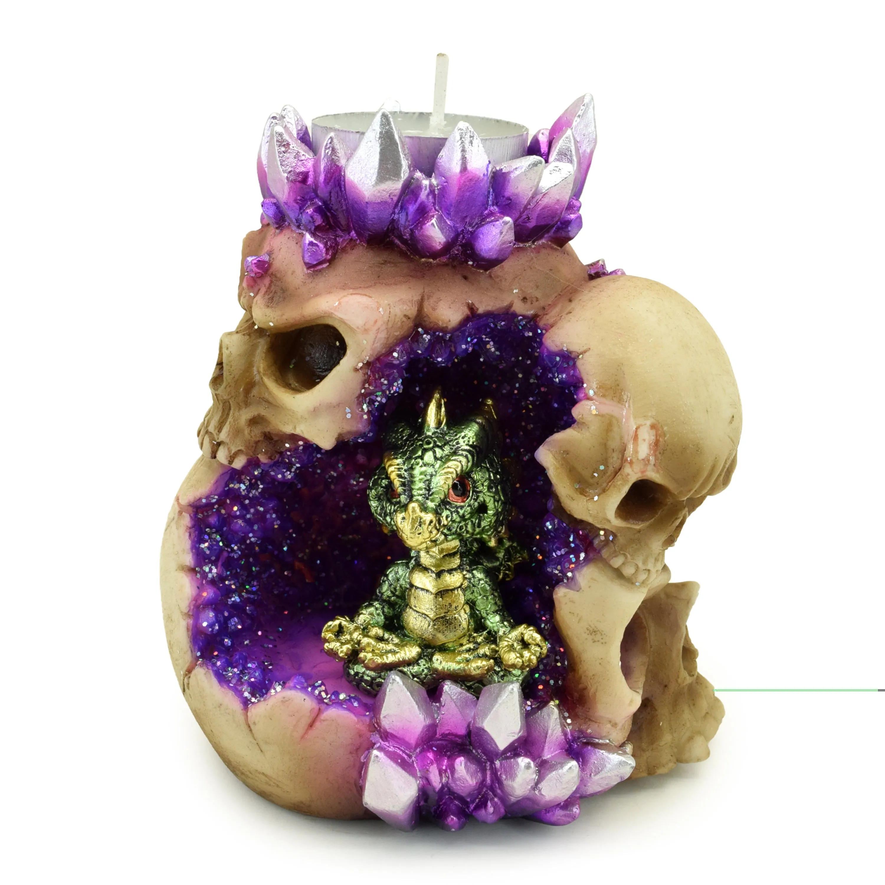 Tea Light Candle Holder - Elements Baby Dragon Crystal Skull Cave