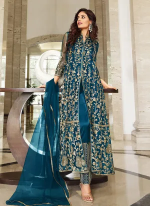 Teal Blue Floral Designer Embroidered Kalidar Anarkali
