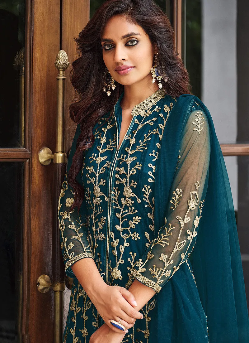 Teal Blue Floral Designer Embroidered Kalidar Anarkali