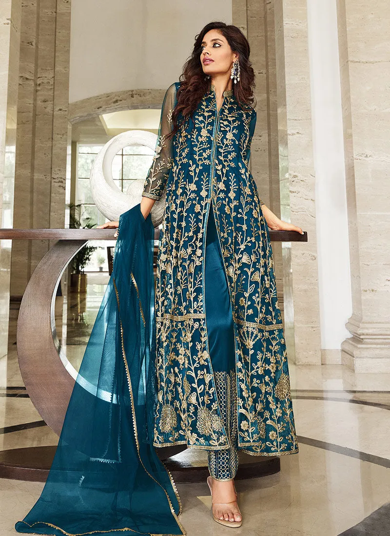 Teal Blue Floral Designer Embroidered Kalidar Anarkali