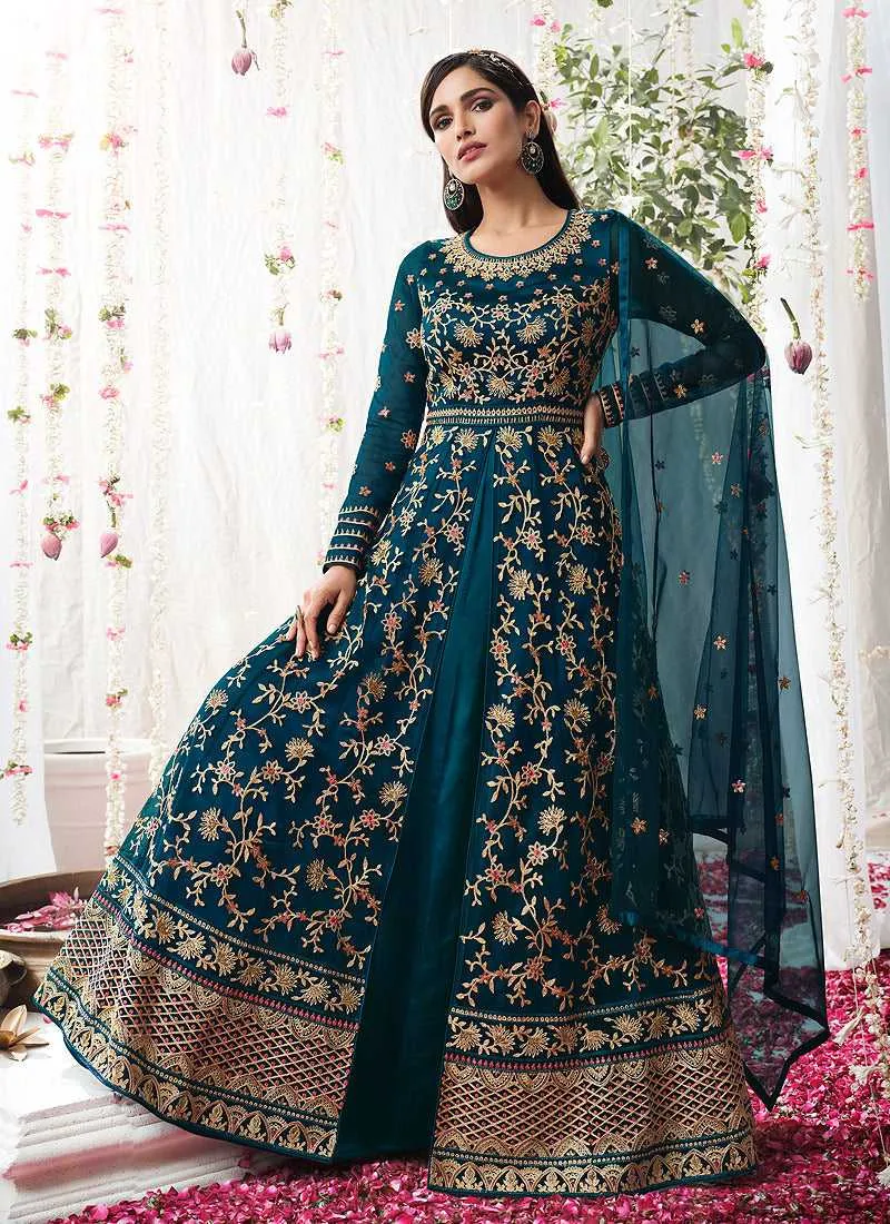 Teal Blue Heavy Embroidered Designer Kalidar Anarkali Suit