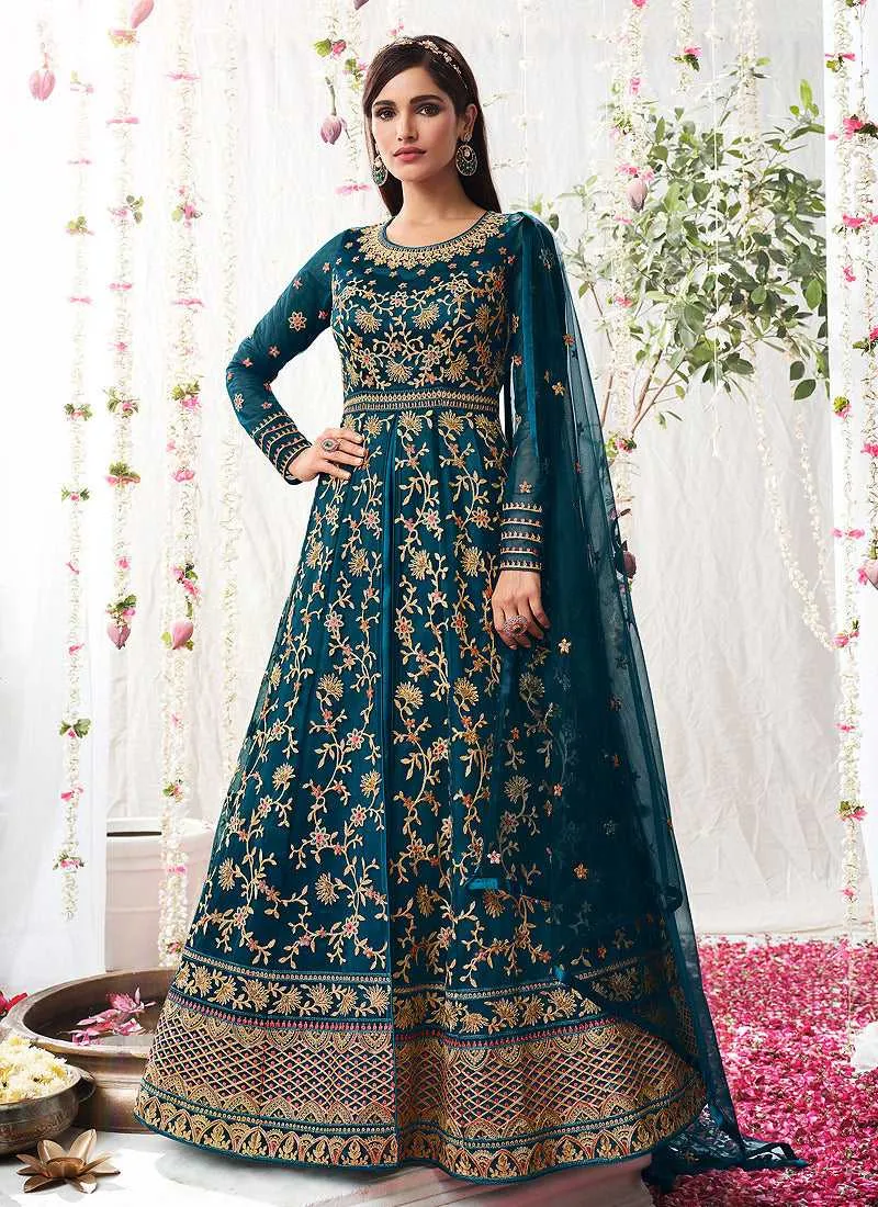 Teal Blue Heavy Embroidered Designer Kalidar Anarkali Suit
