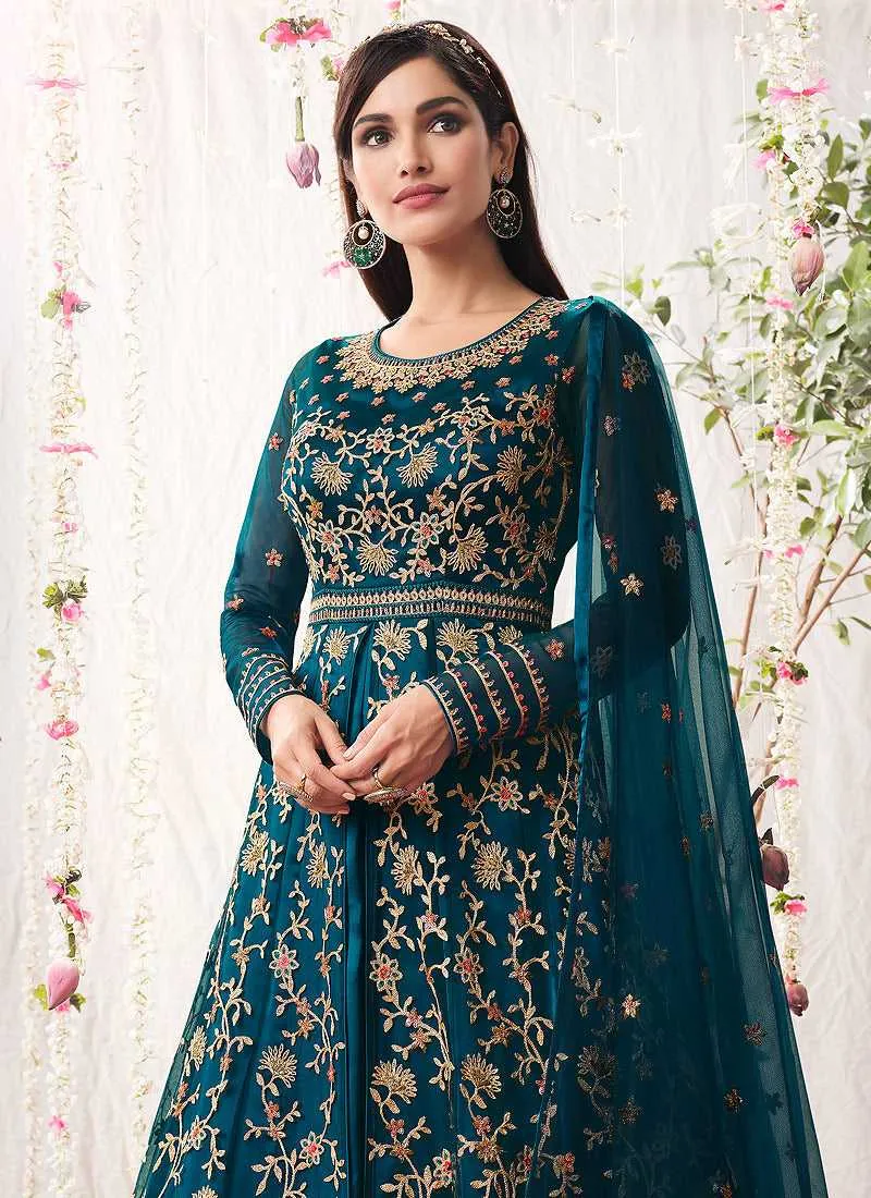 Teal Blue Heavy Embroidered Designer Kalidar Anarkali Suit
