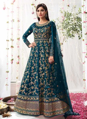 Teal Blue Heavy Embroidered Designer Kalidar Anarkali Suit