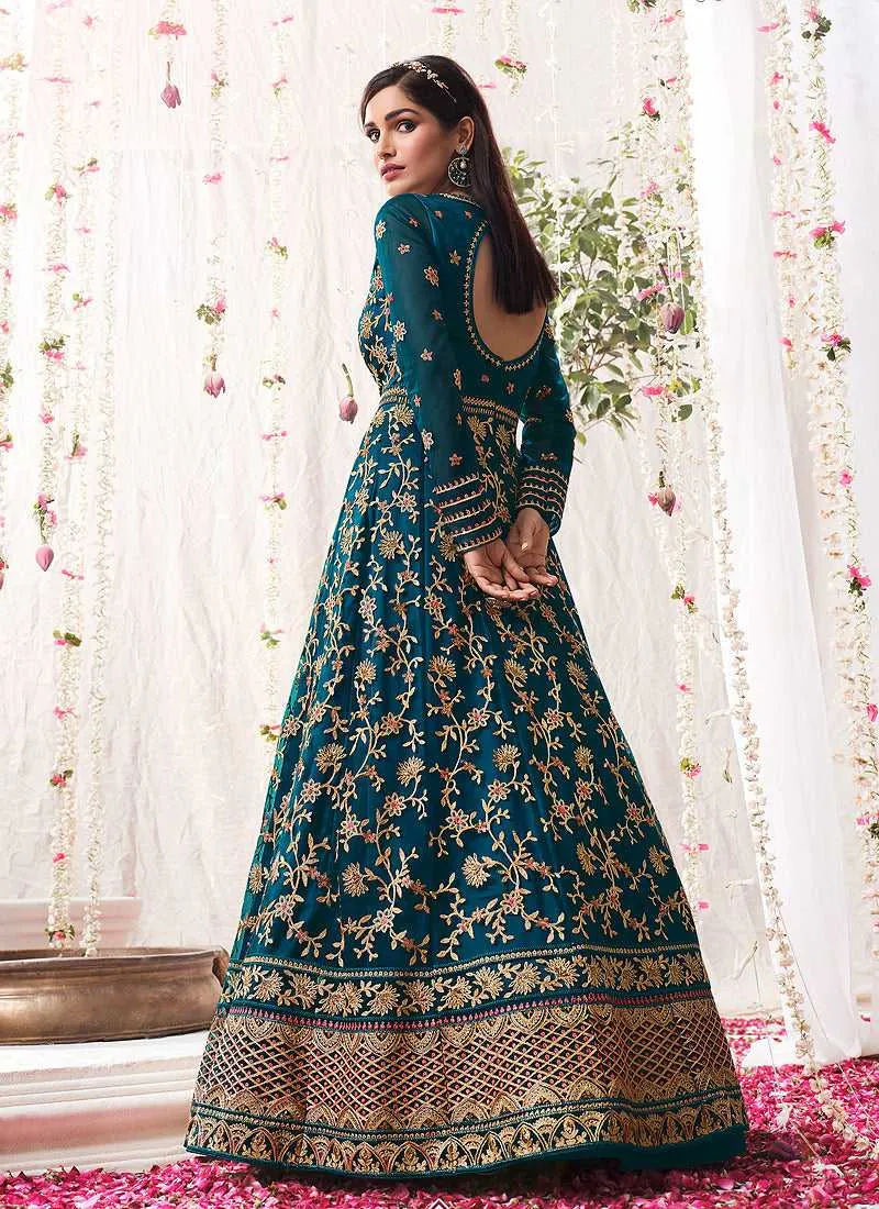 Teal Blue Heavy Embroidered Designer Kalidar Anarkali Suit