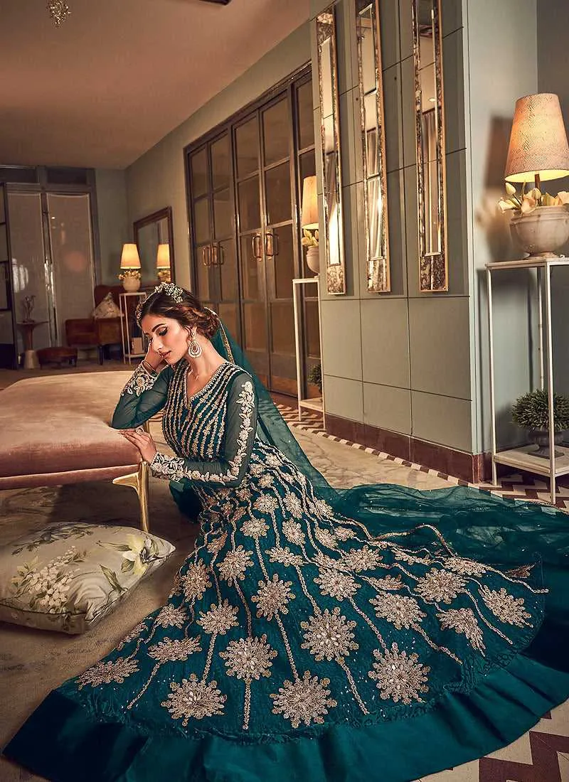 Teal Colour Heavy Embroidered Gown Style Anarkali Suit