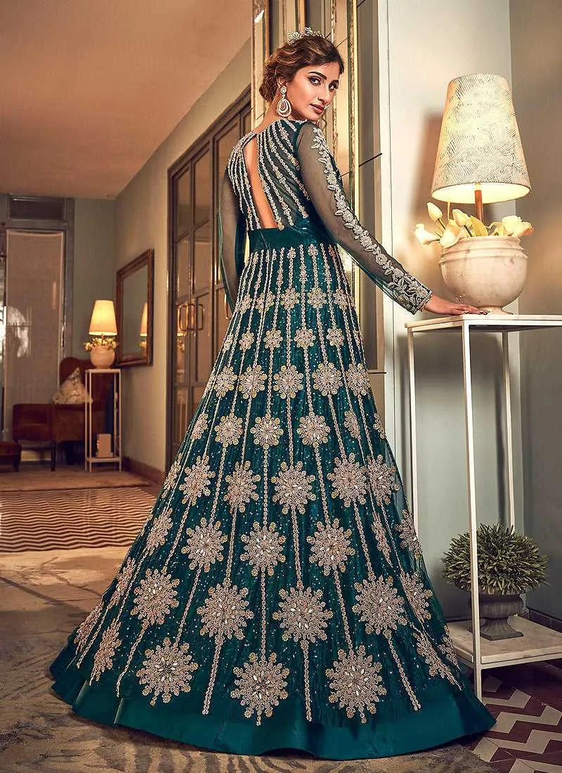 Teal Colour Heavy Embroidered Gown Style Anarkali Suit