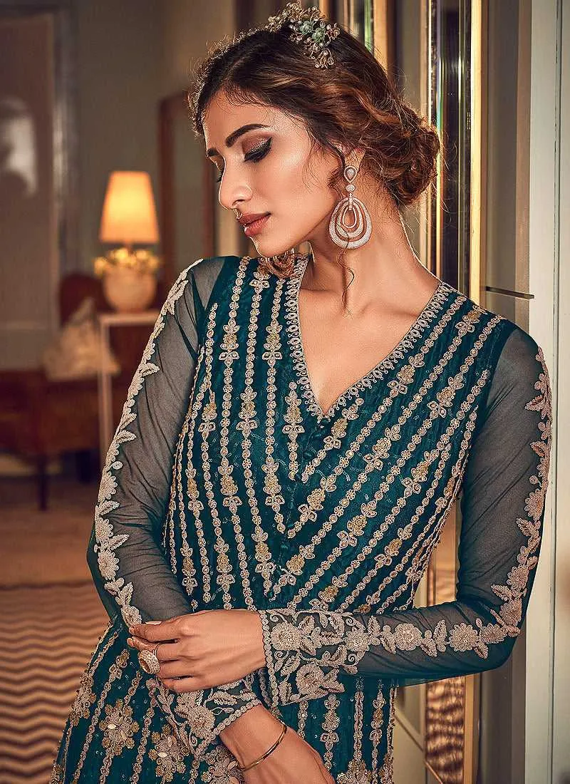 Teal Colour Heavy Embroidered Gown Style Anarkali Suit
