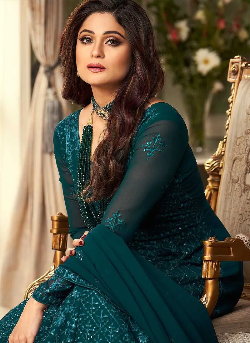 Teal Heavy Embroidered Kalidar Anarkali Suit