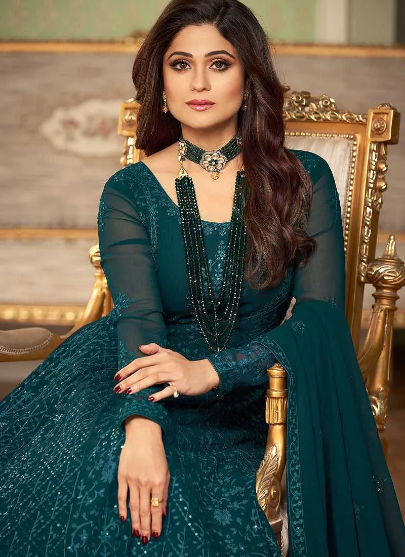 Teal Heavy Embroidered Kalidar Anarkali Suit