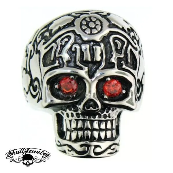 'These Eyes' Big, Bold & Heavy Skull Ring with Red Eyes (670)