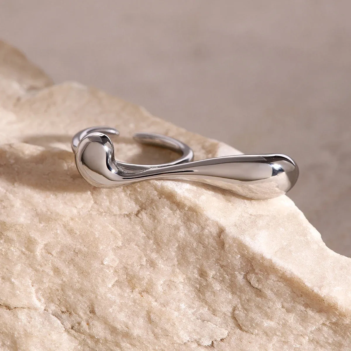 Trendy Water Drop Irregular Curve Opening Ring New Design Glossy Stainless Steel Personlaity Party Jewelry