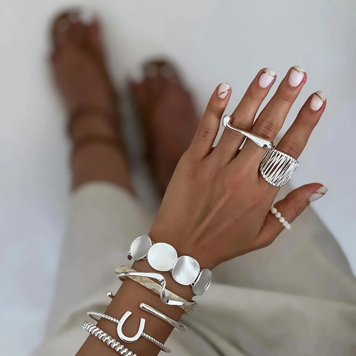 Trendy Water Drop Irregular Curve Opening Ring New Design Glossy Stainless Steel Personlaity Party Jewelry
