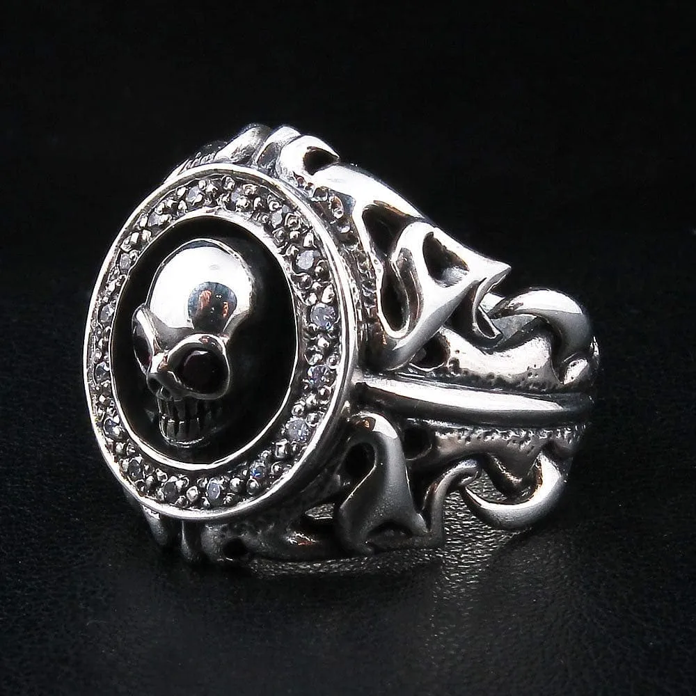 Tribal Garnet Skull Sterling Silver Gothic Ring