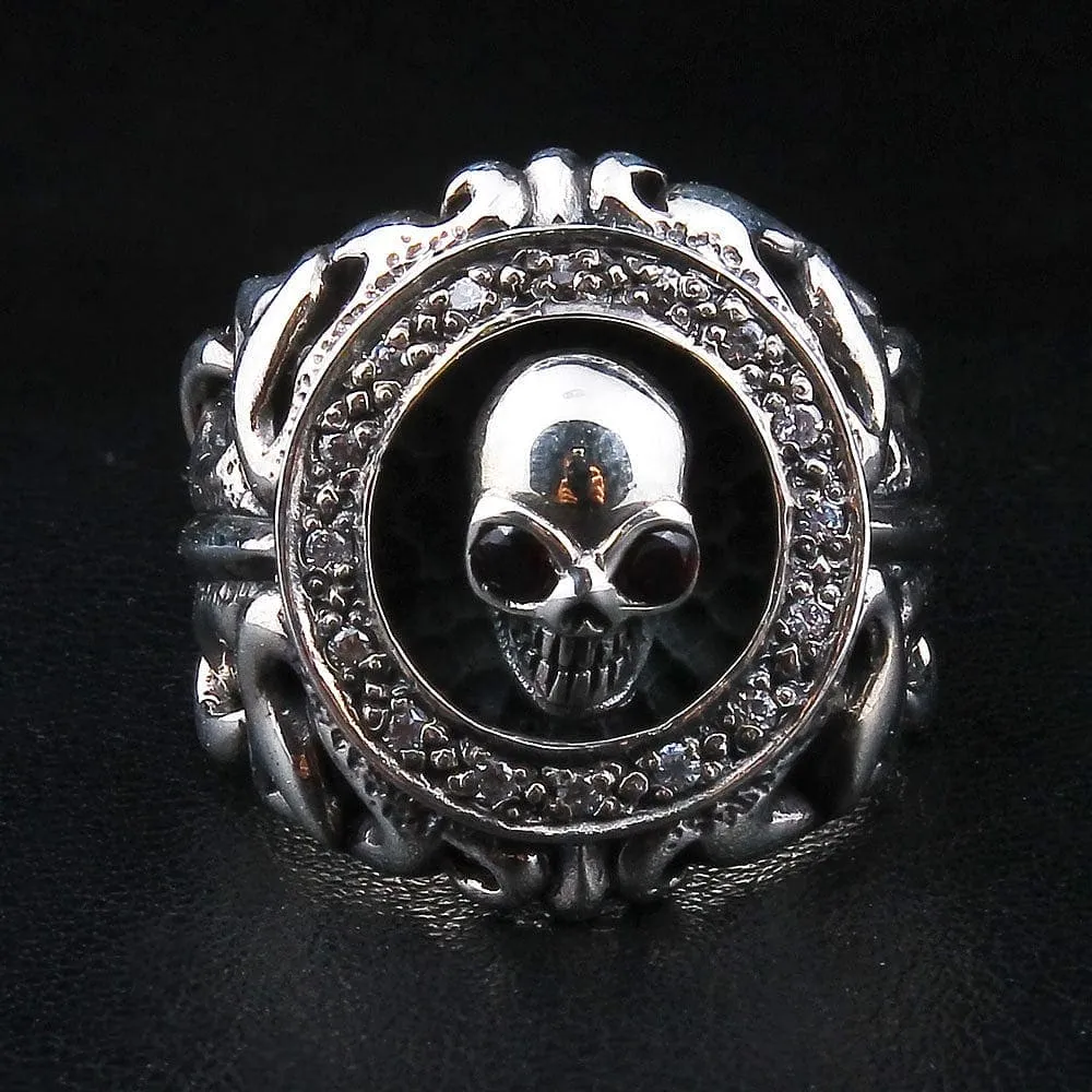 Tribal Garnet Skull Sterling Silver Gothic Ring