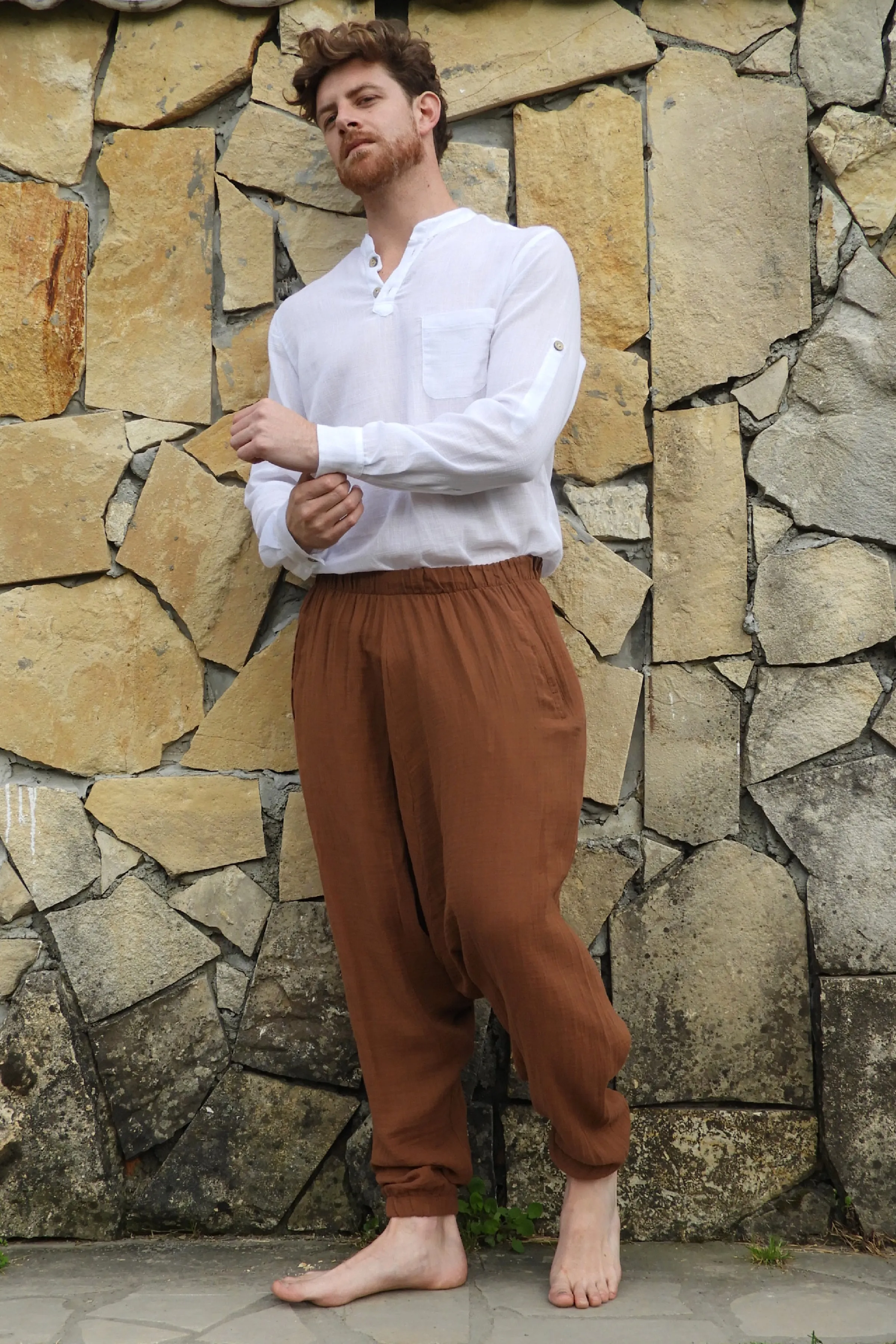 TRIBAL Gender Neutral Organic Gauze Cotton Harem Pants (Brown, Gray)