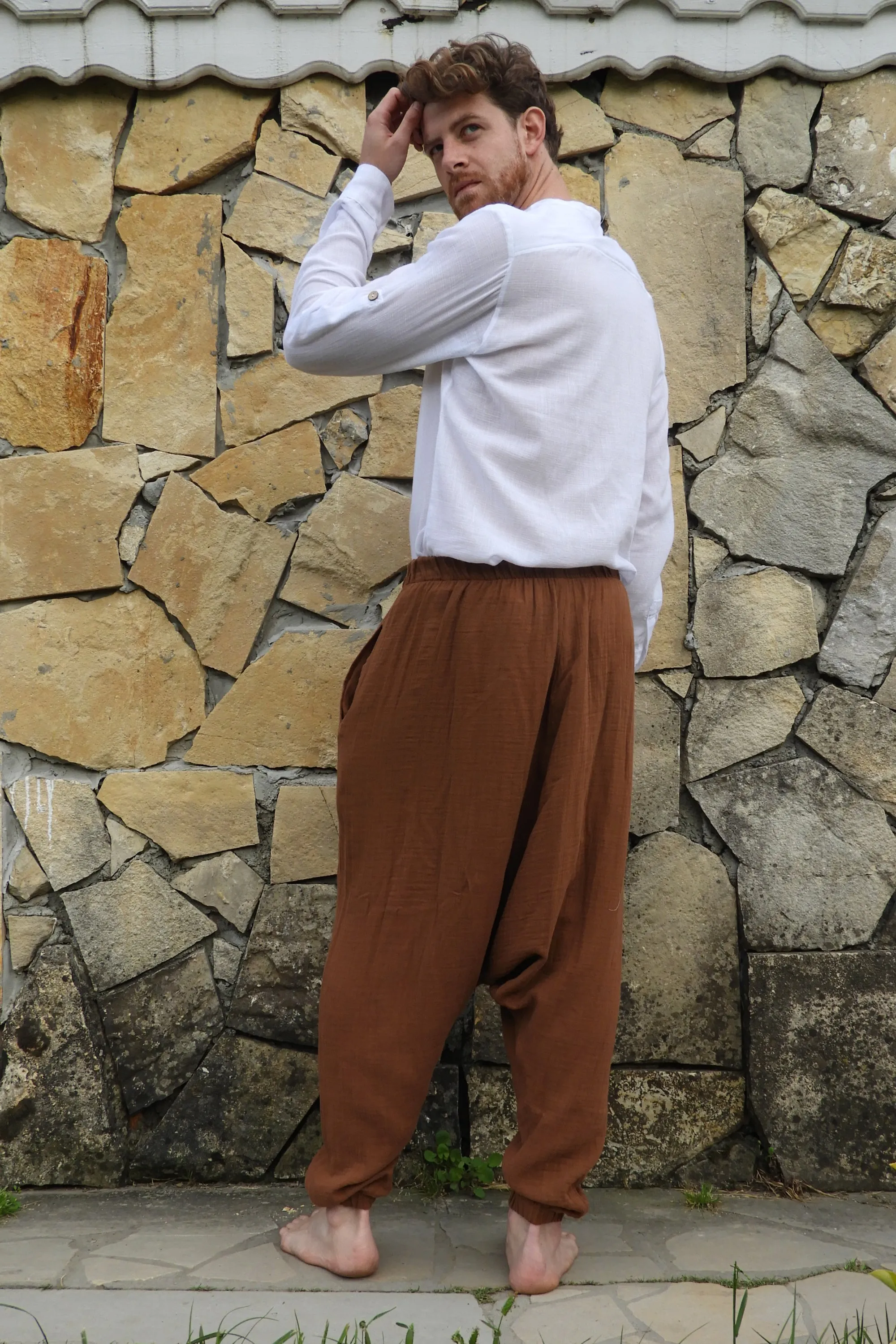 TRIBAL Gender Neutral Organic Gauze Cotton Harem Pants (Brown, Gray)