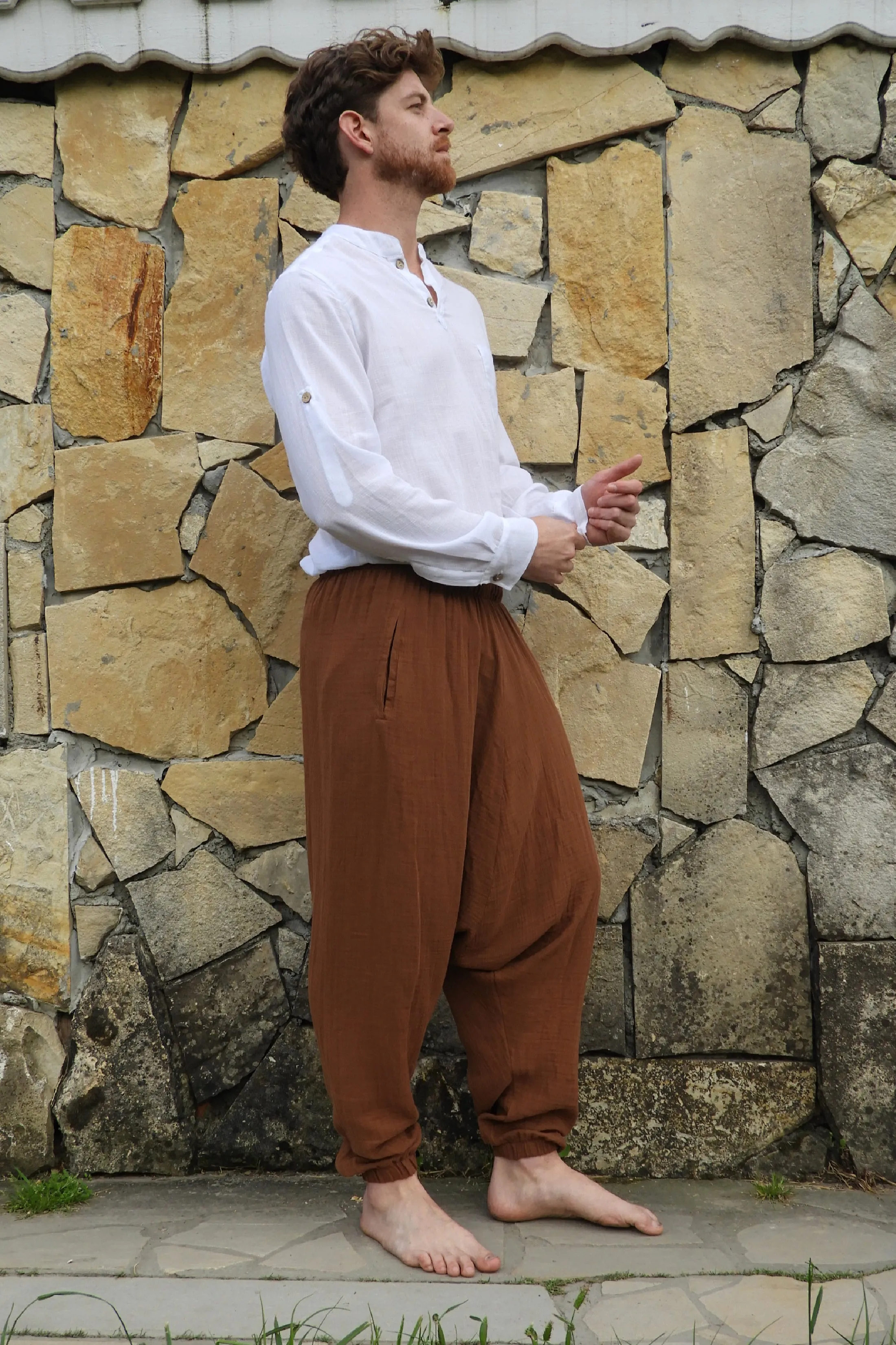 TRIBAL Gender Neutral Organic Gauze Cotton Harem Pants (Brown, Gray)
