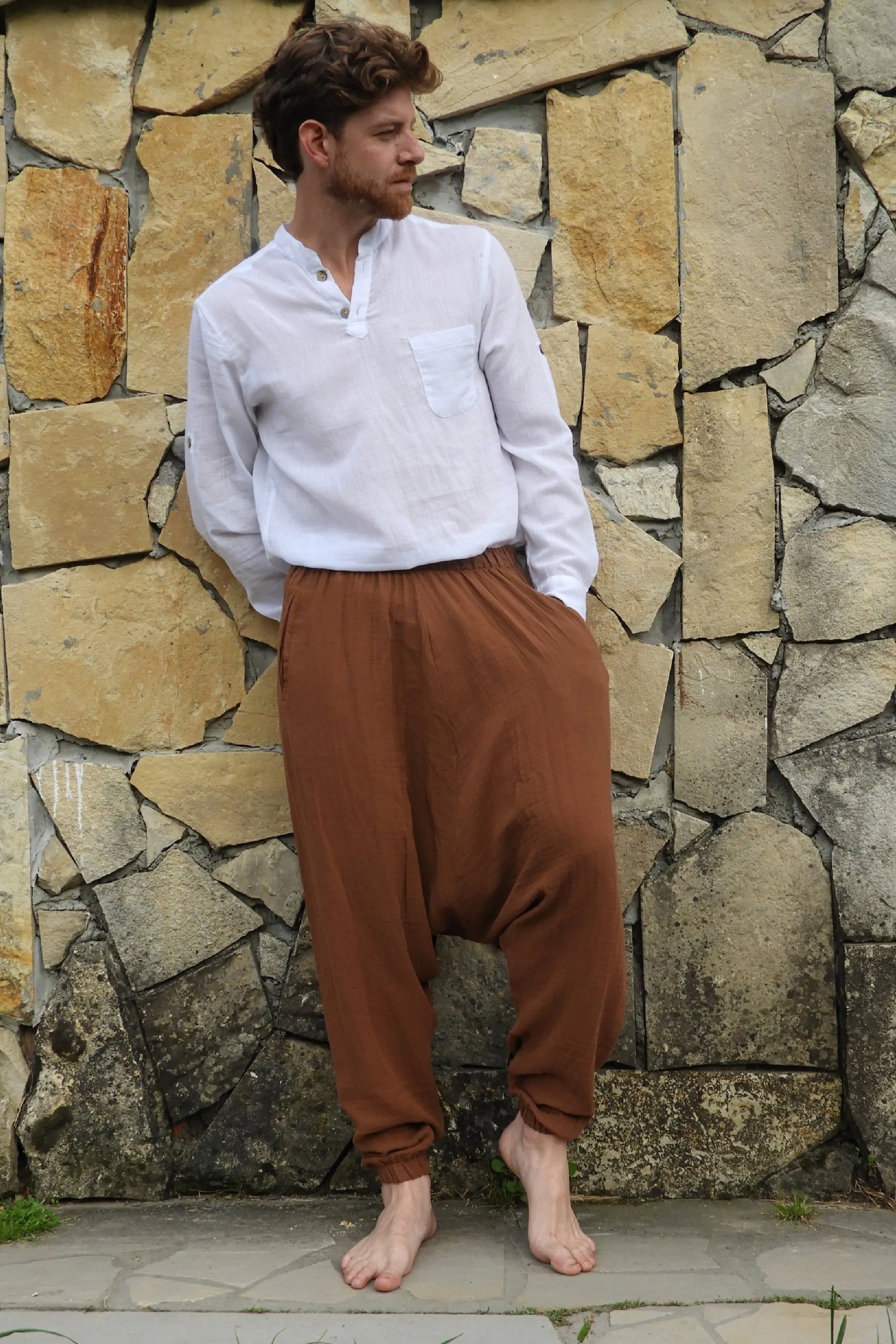 TRIBAL Gender Neutral Organic Gauze Cotton Harem Pants (Brown, Gray)