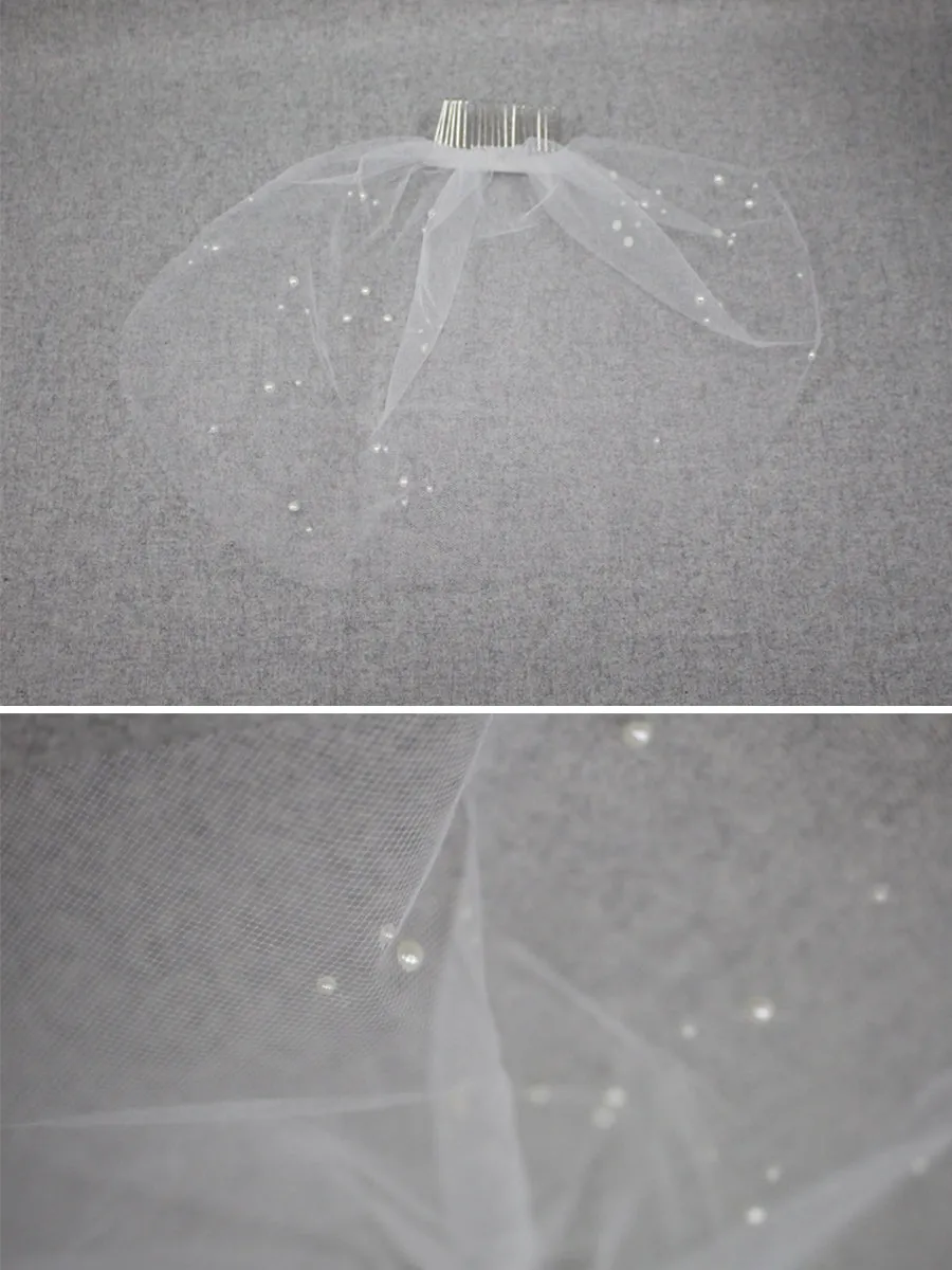 Tulle Beach Wedding Bridal Short Veil with Pearls V002xmj