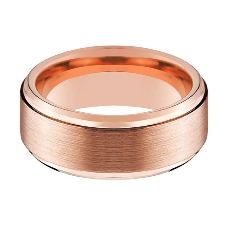Tungsten Wedding Ring With Rose Gold Inlaid Brushed Center & Stepped Edges - 6mm