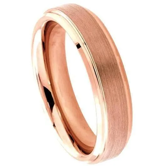 Tungsten Wedding Ring With Rose Gold Inlaid Brushed Center & Stepped Edges - 6mm