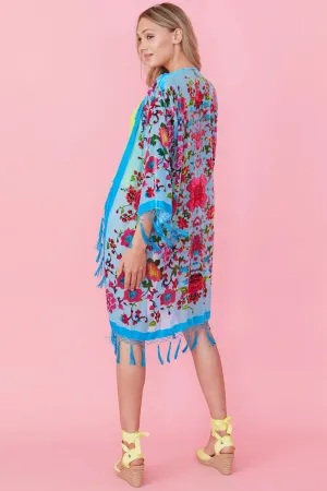 Turquoise Burnout Silk Velvet Hand Beaded Coat