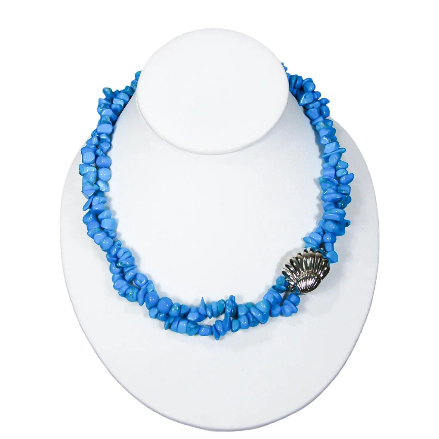 Turquoise Necklace, Torsade, Silver Shell Clasp, Beach, Summer, Designer, Vintage Jewelry