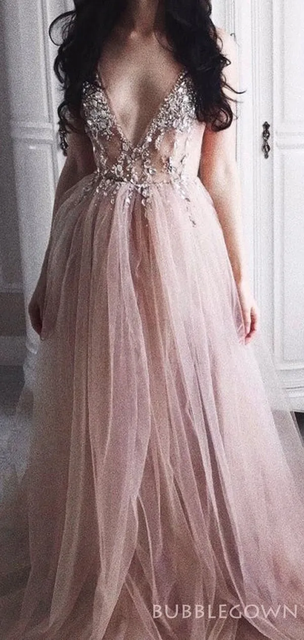 V-neck Tulle Appliques Beaded Long A-line Evening Prom Dresses, MR8136