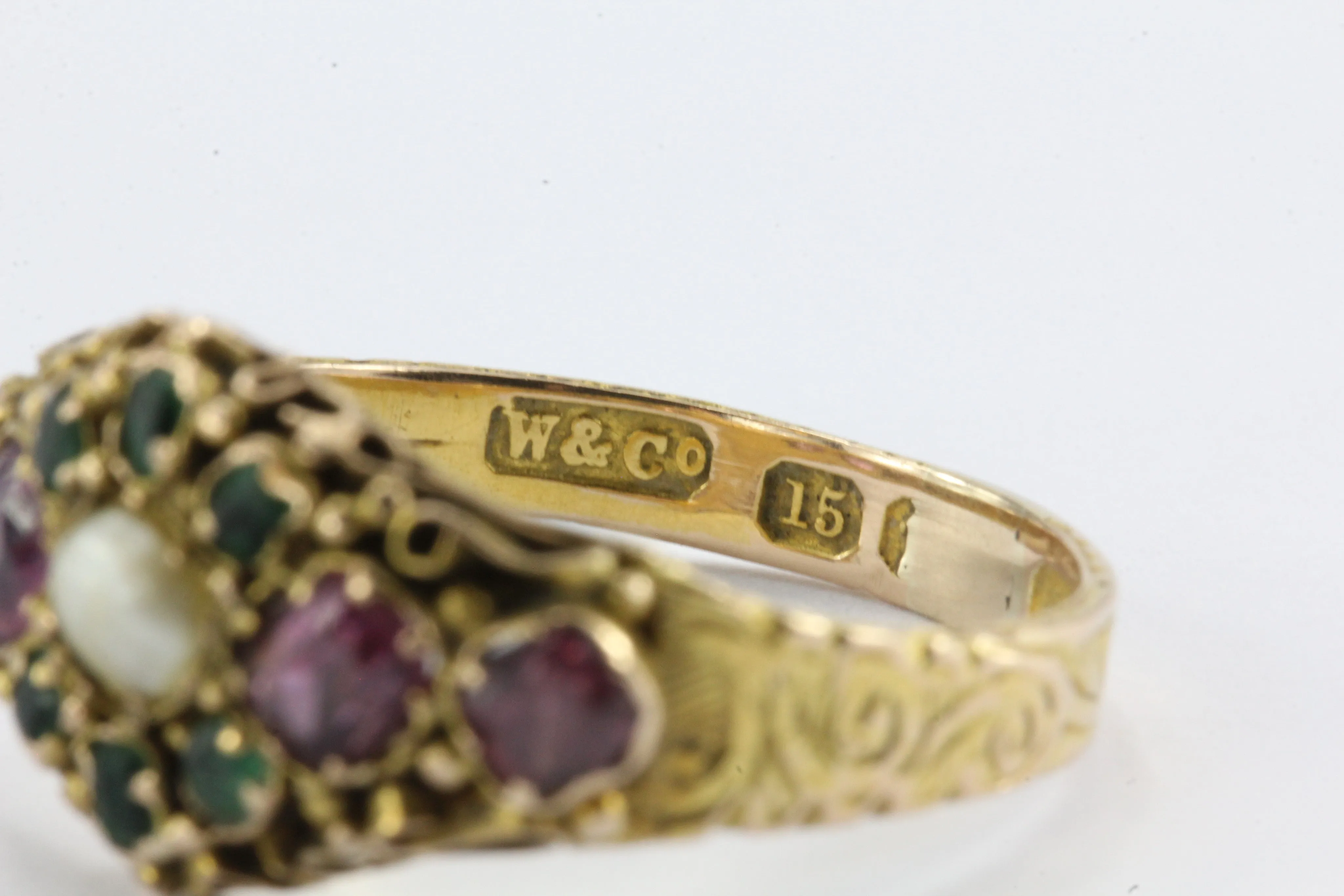 Victorian 1876 15K Gold Ruby & Natural Pearl Ring from Birmingham England
