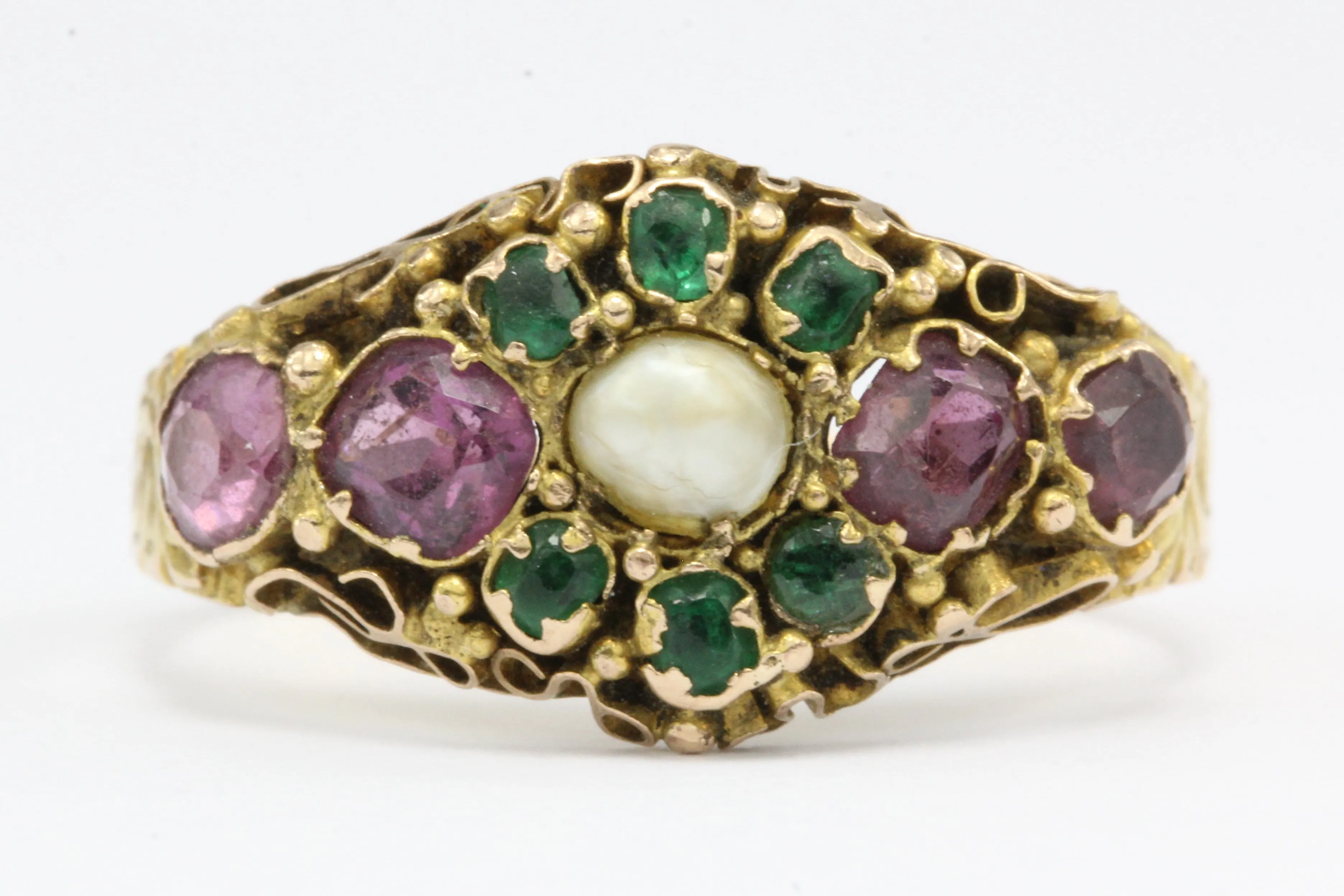 Victorian 1876 15K Gold Ruby & Natural Pearl Ring from Birmingham England