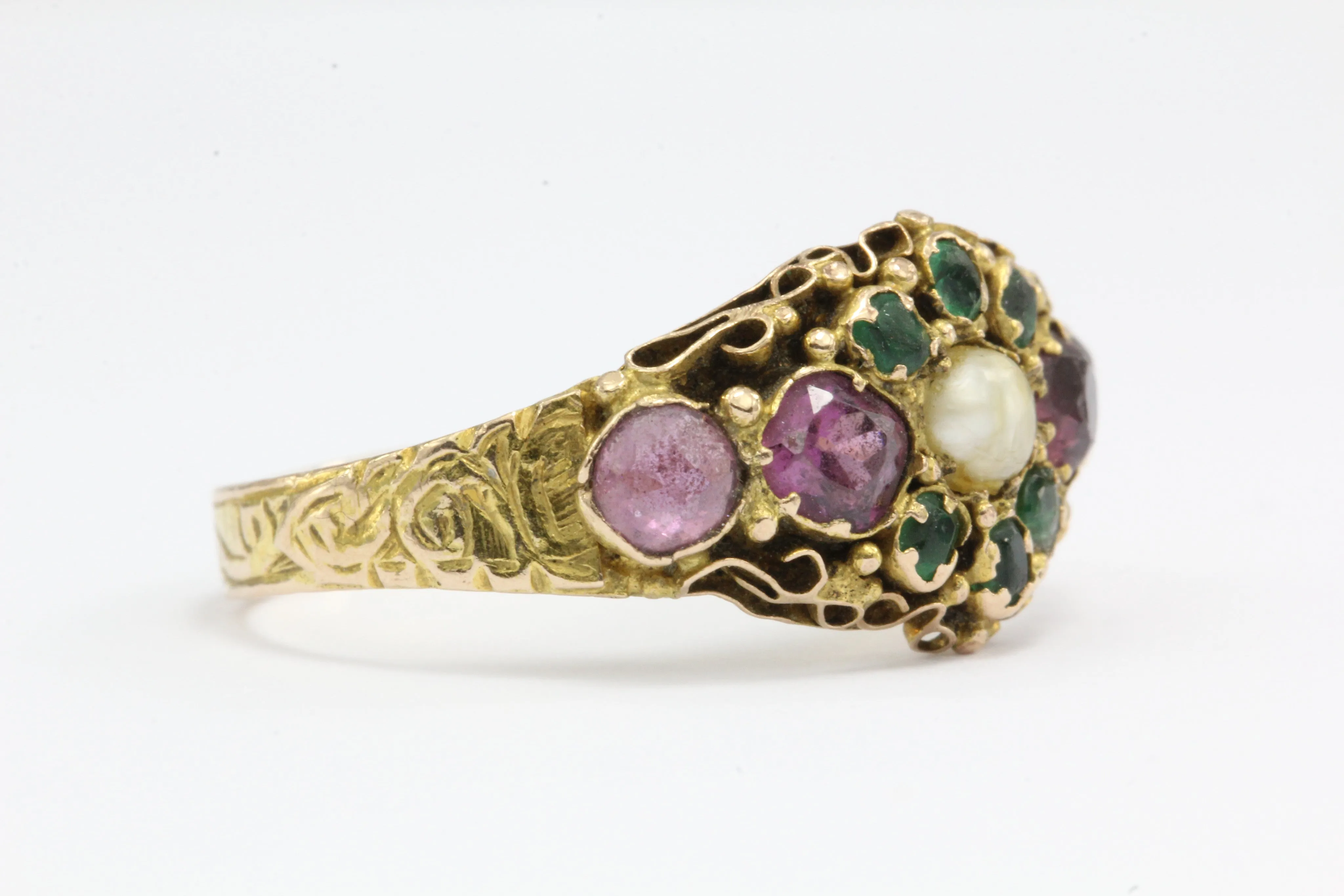 Victorian 1876 15K Gold Ruby & Natural Pearl Ring from Birmingham England