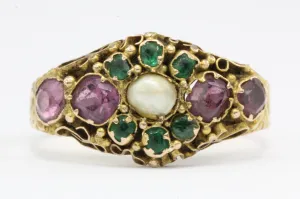 Victorian 1876 15K Gold Ruby & Natural Pearl Ring from Birmingham England