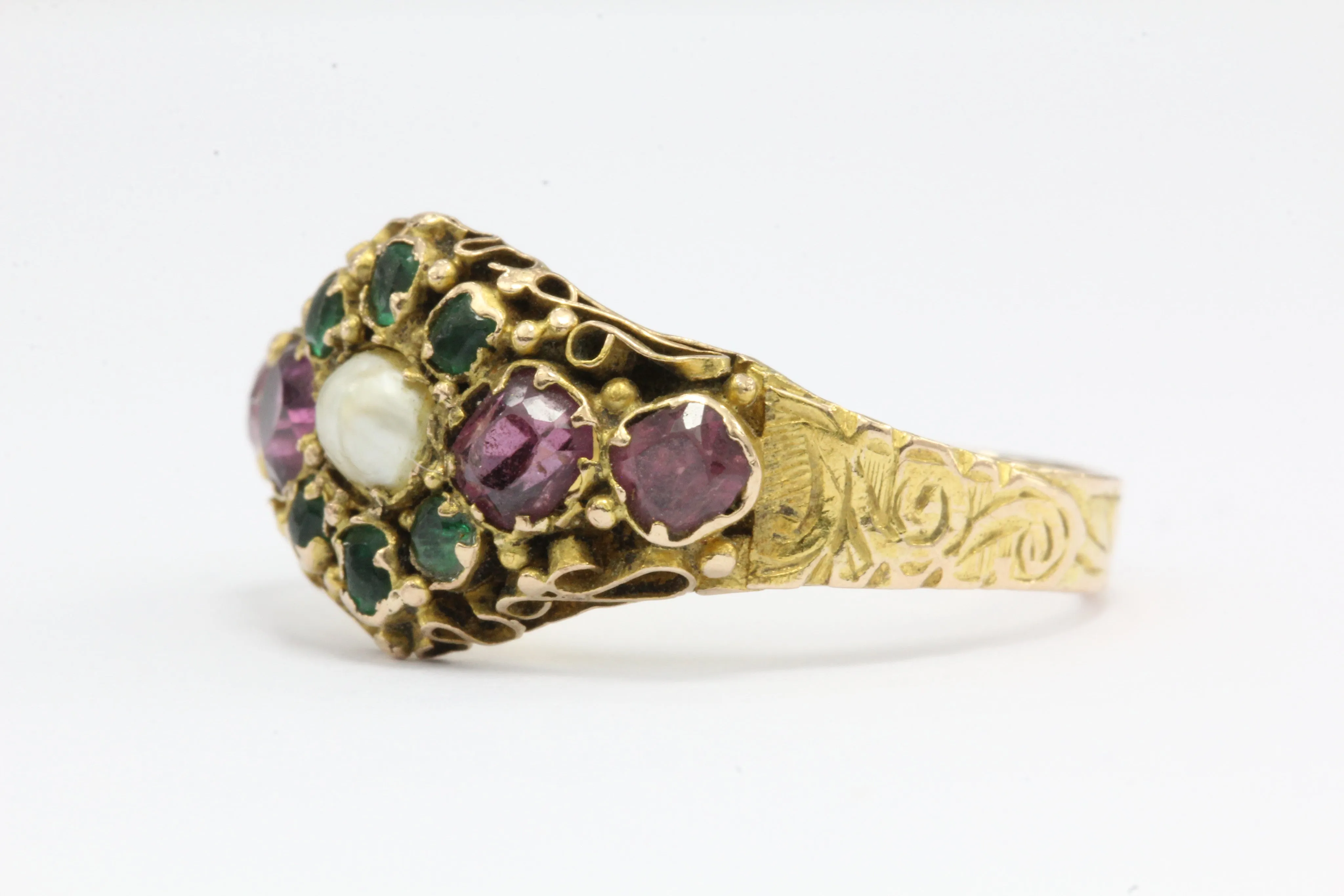 Victorian 1876 15K Gold Ruby & Natural Pearl Ring from Birmingham England