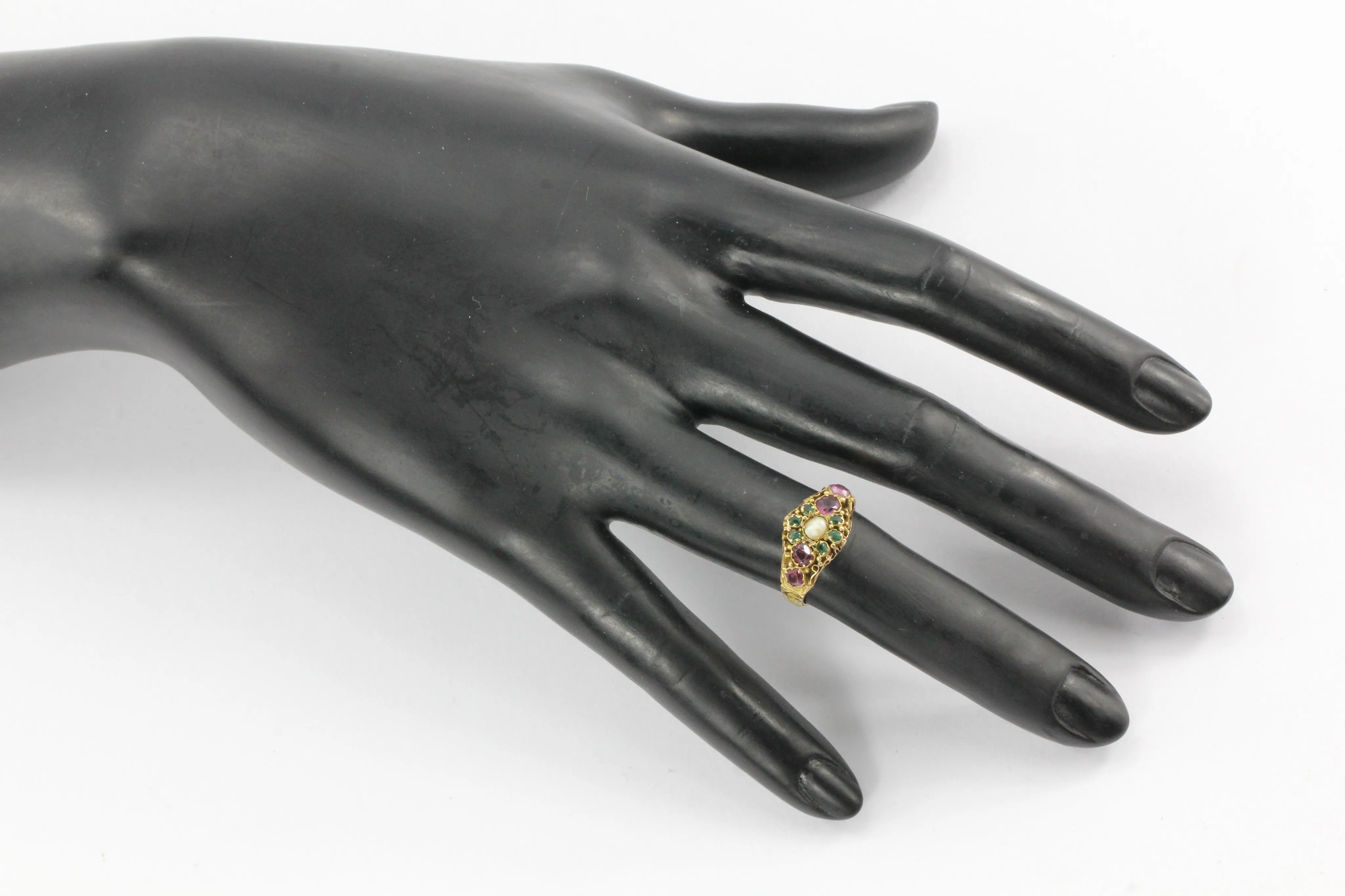 Victorian 1876 15K Gold Ruby & Natural Pearl Ring from Birmingham England
