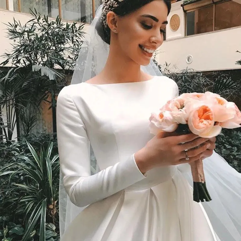 Vintage Ivory A-line Wedding Dress Long Sleeves Satin Bridal Gowns OKX7