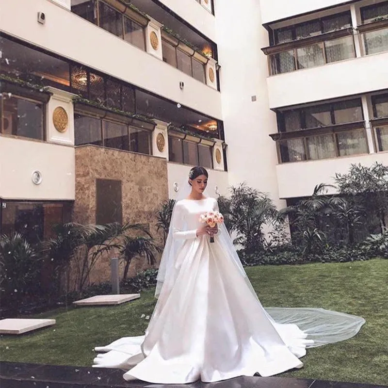 Vintage Ivory A-line Wedding Dress Long Sleeves Satin Bridal Gowns OKX7