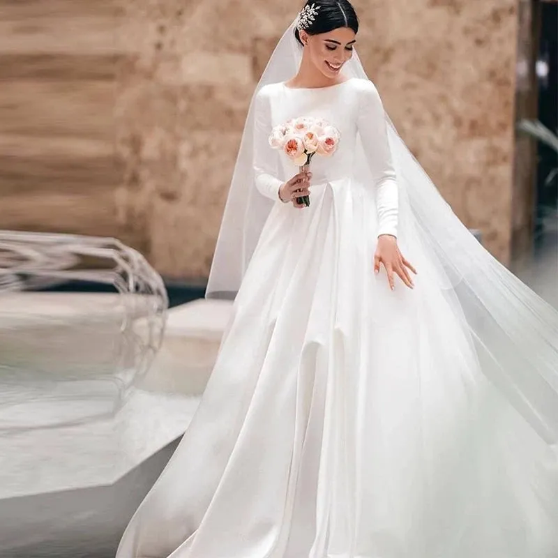 Vintage Ivory A-line Wedding Dress Long Sleeves Satin Bridal Gowns OKX7