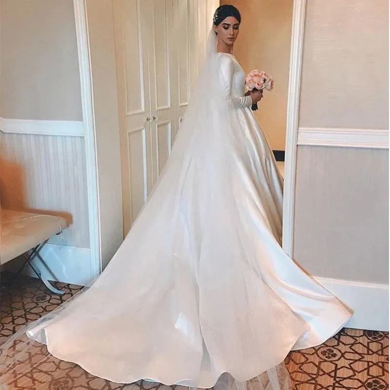 Vintage Ivory A-line Wedding Dress Long Sleeves Satin Bridal Gowns OKX7