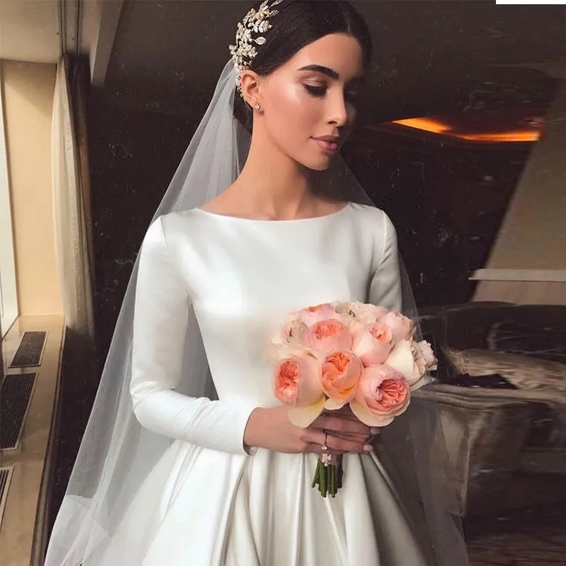 Vintage Ivory A-line Wedding Dress Long Sleeves Satin Bridal Gowns OKX7