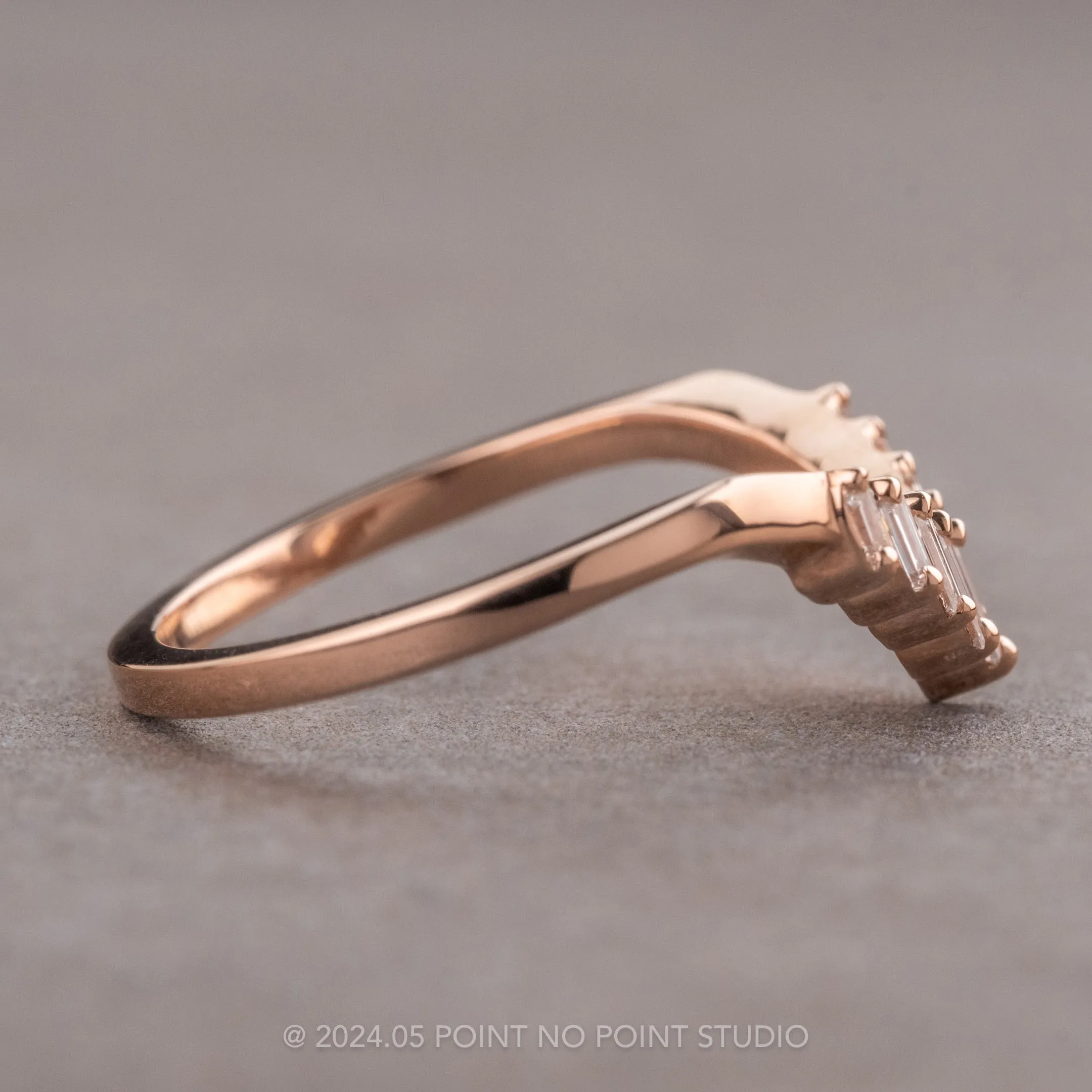 White Baguette Diamond Wedding Band, Large Juniper Setting, 14K Rose Gold