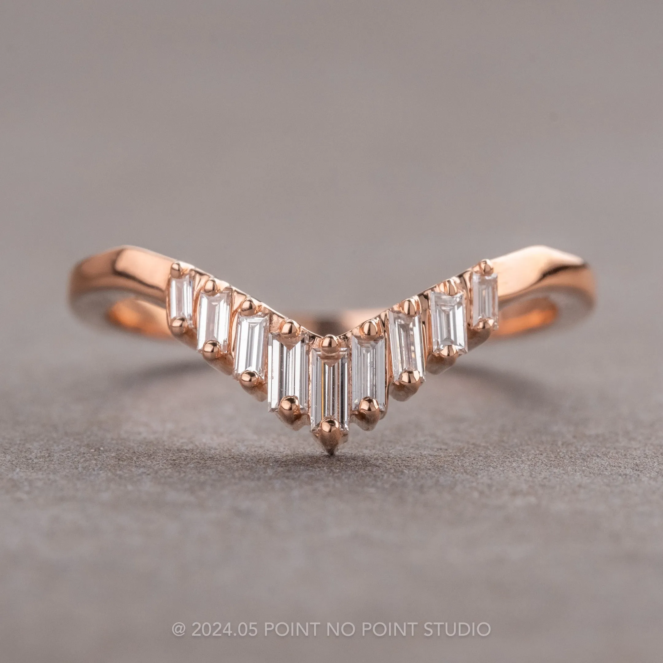 White Baguette Diamond Wedding Band, Large Juniper Setting, 14K Rose Gold