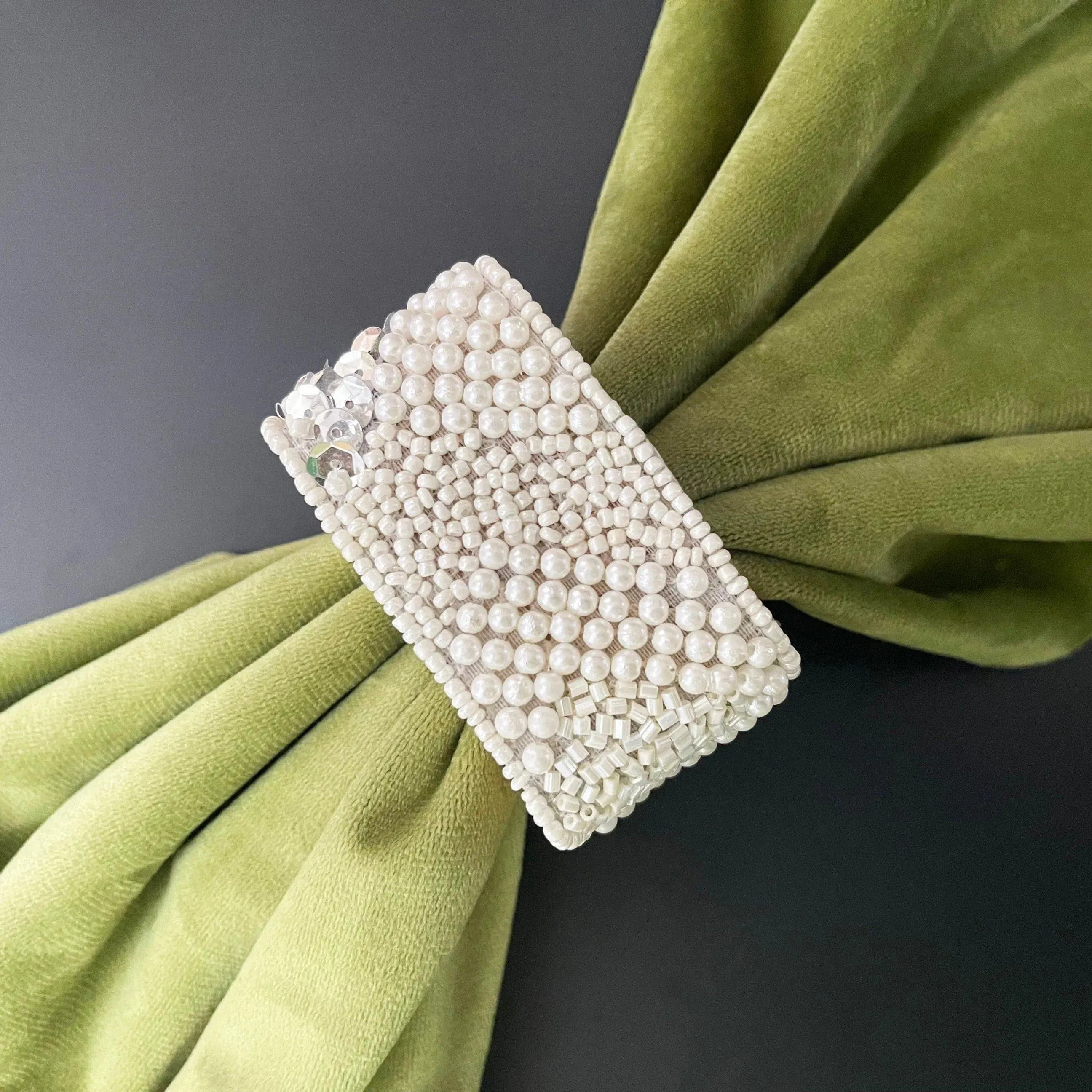 White Beaded and Wooden Napkin Rings