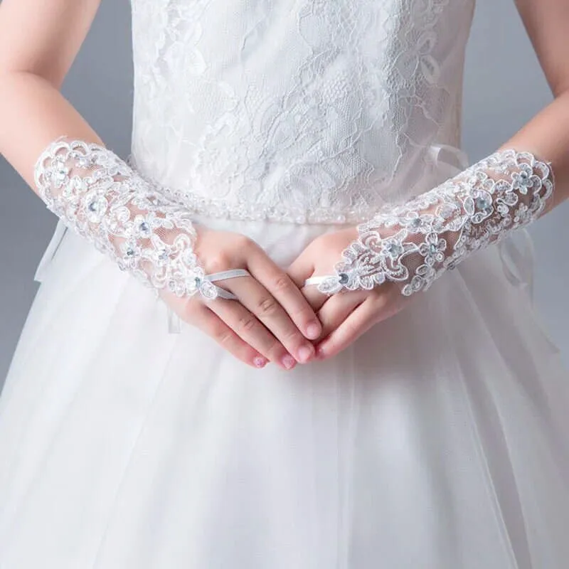 White Chiffon Bridal Gloves, Wedding Rhinestone Crystal Gloves, First Communion Lace Up Short Gloves (1 Pair)