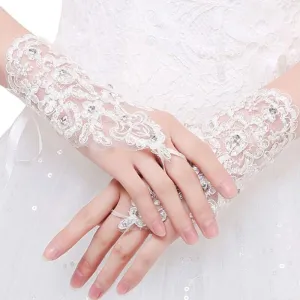 White Chiffon Bridal Gloves, Wedding Rhinestone Crystal Gloves, First Communion Lace Up Short Gloves (1 Pair)